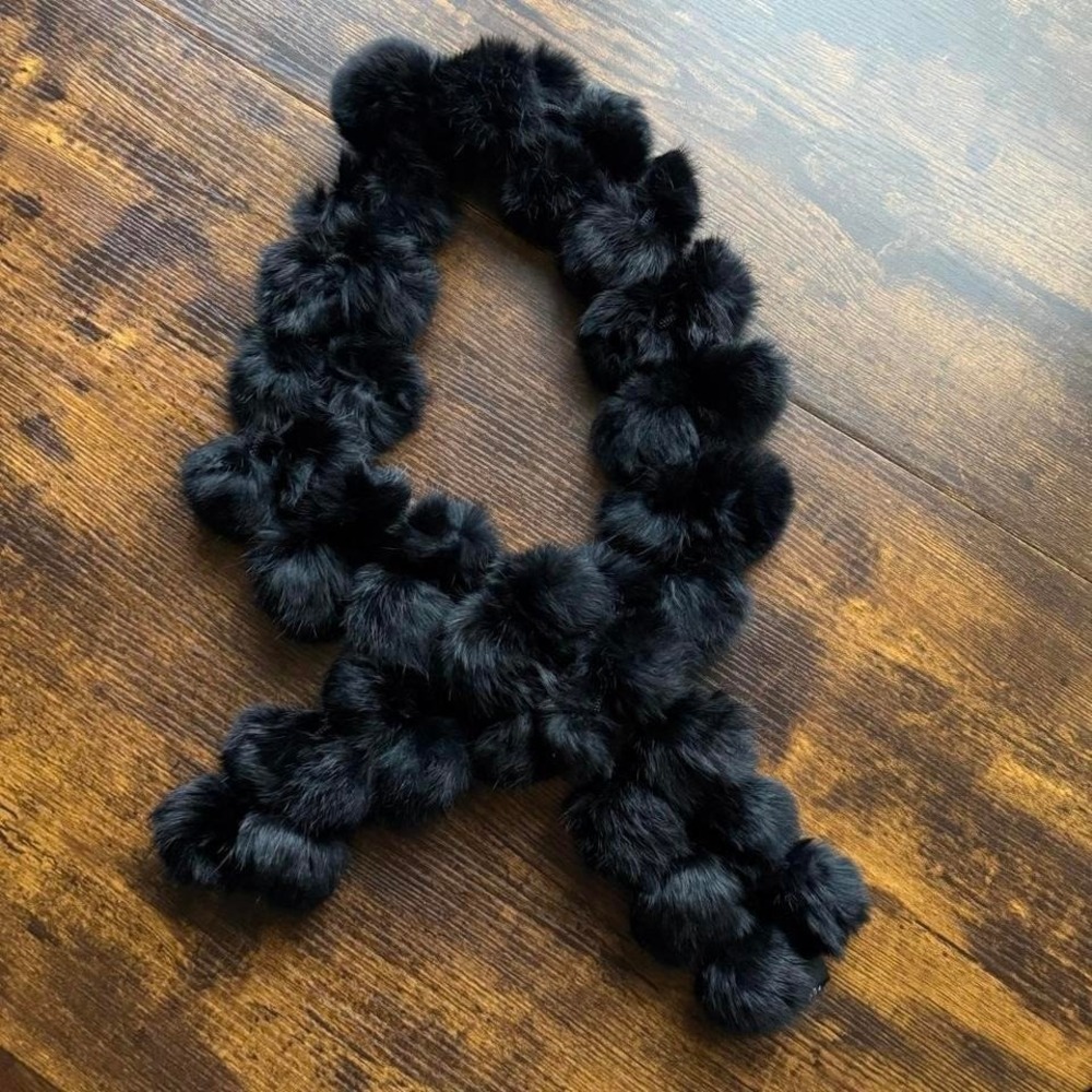 Carole Little Black Rabbit Fur Pom Pom Scarf 52"
